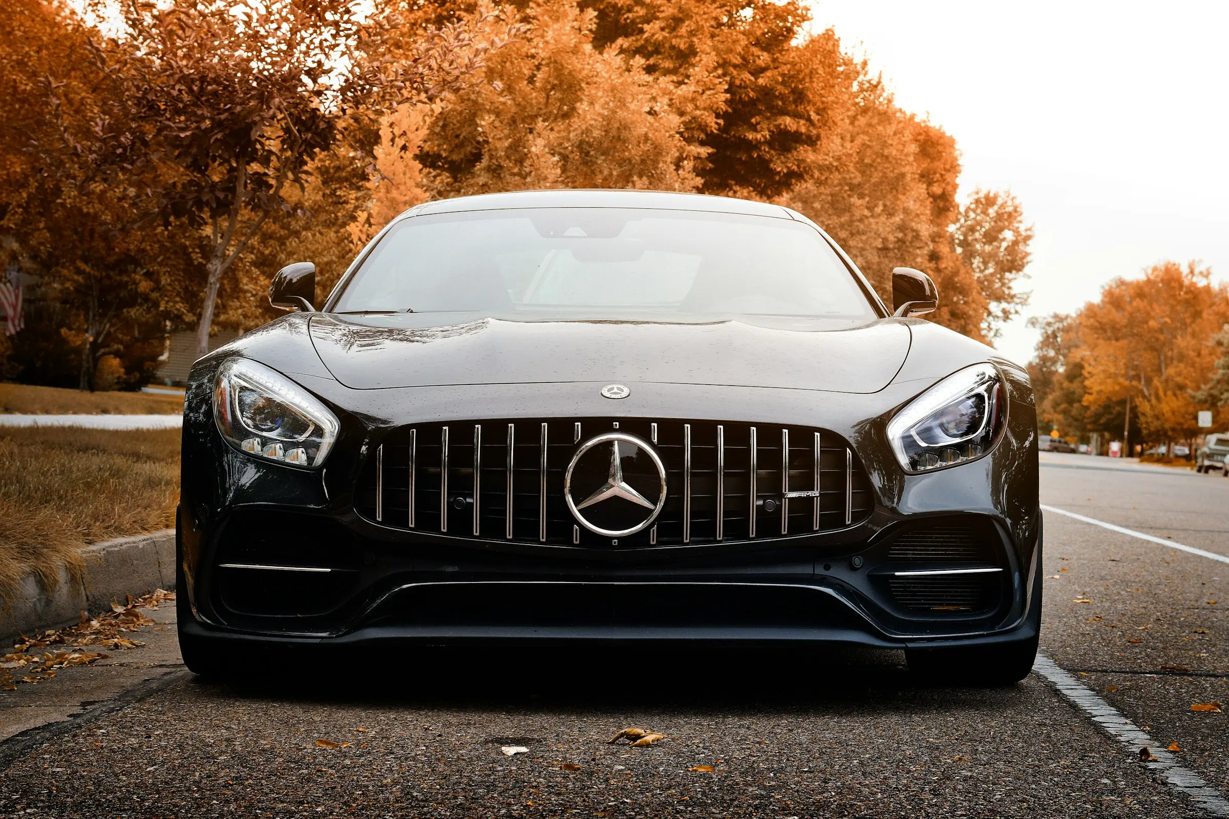 Black Mercedes-AMG GT head-on under autumn trees